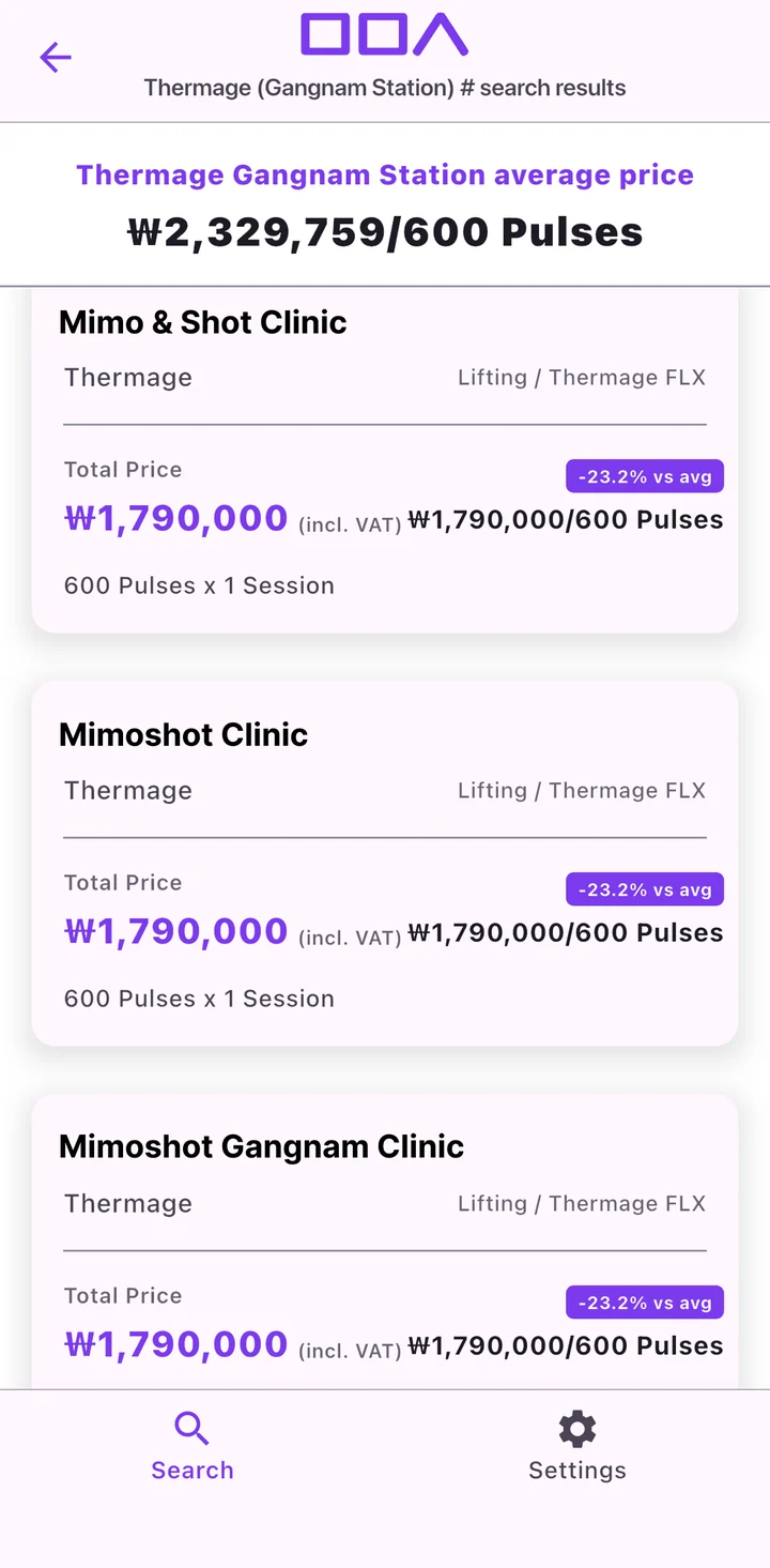 Thermage results with average price per 600 pulses and per-clinic unit prices
